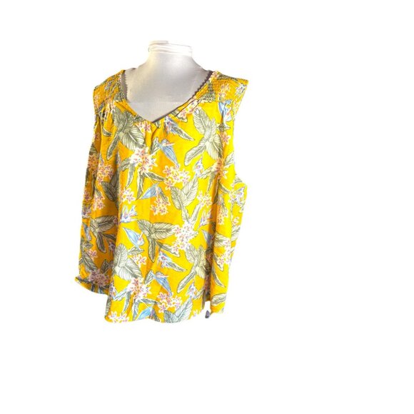 Yellow Floral Sleeveless Top With Smocked Shoulders & V-Neckline Womens L - Picture 3 of 9